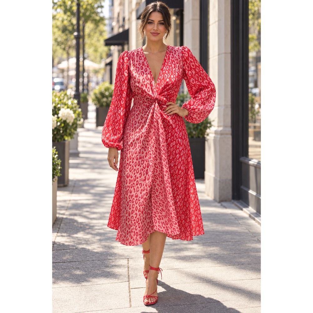 Never Fully Dressed Pink Red Leopard Print Wrap Midi Dress US 14 Balloon Sleeve